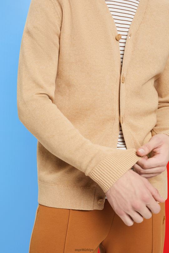 kazak Esprit v yaka sürdürülebilir pamuklu hırka bej erkekler FPP26775