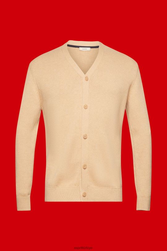 kazak Esprit v yaka sürdürülebilir pamuklu hırka bej erkekler FPP26775