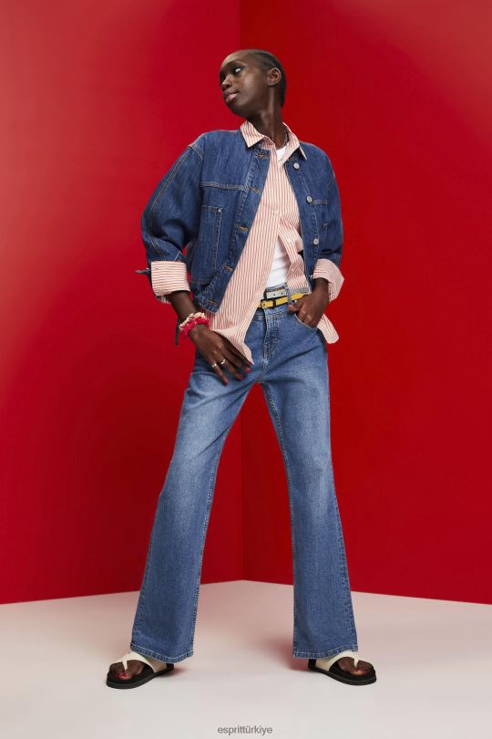 ceketler Esprit bağcıklı yakasız denim ceket mavi koyu yıkama kadınlar FPP26298