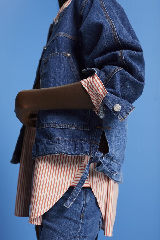 ceketler Esprit bağcıklı yakasız denim ceket mavi koyu yıkama kadınlar FPP26298