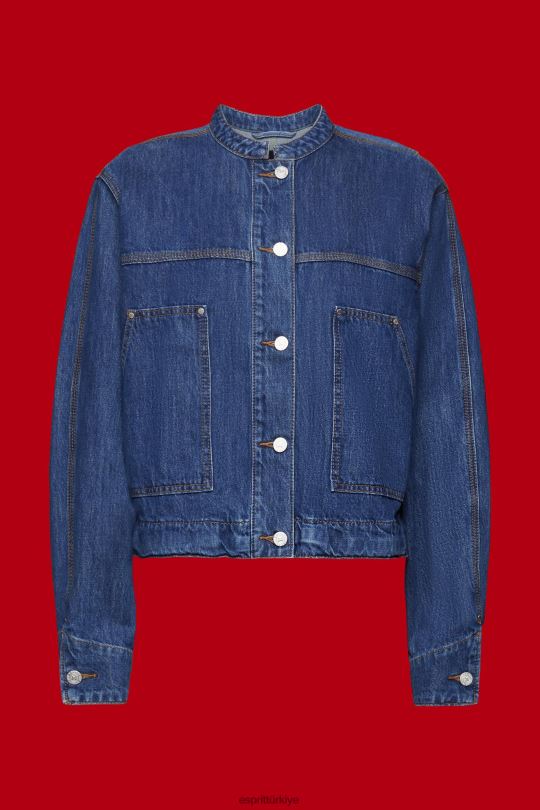 ceketler Esprit bağcıklı yakasız denim ceket mavi koyu yıkama kadınlar FPP26298