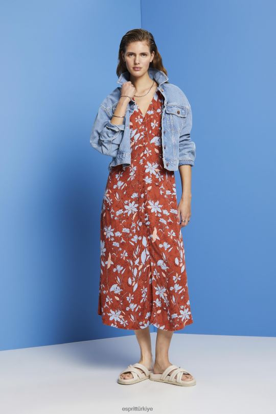 elbiseler Esprit Tüm yüzeyi desenli midi elbise mercan portakalı kadınlar FPP26188