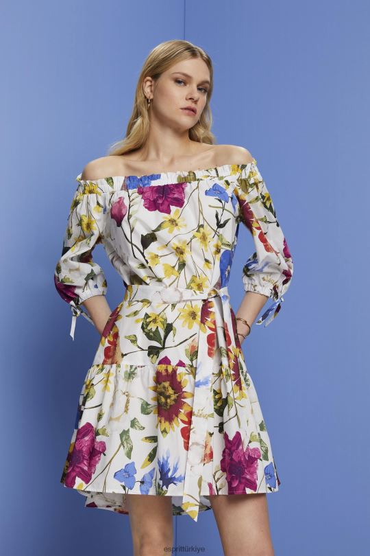 elbiseler Esprit desenli düşük omuzlu poplin mini elbise beyaz kadınlar FPP26178