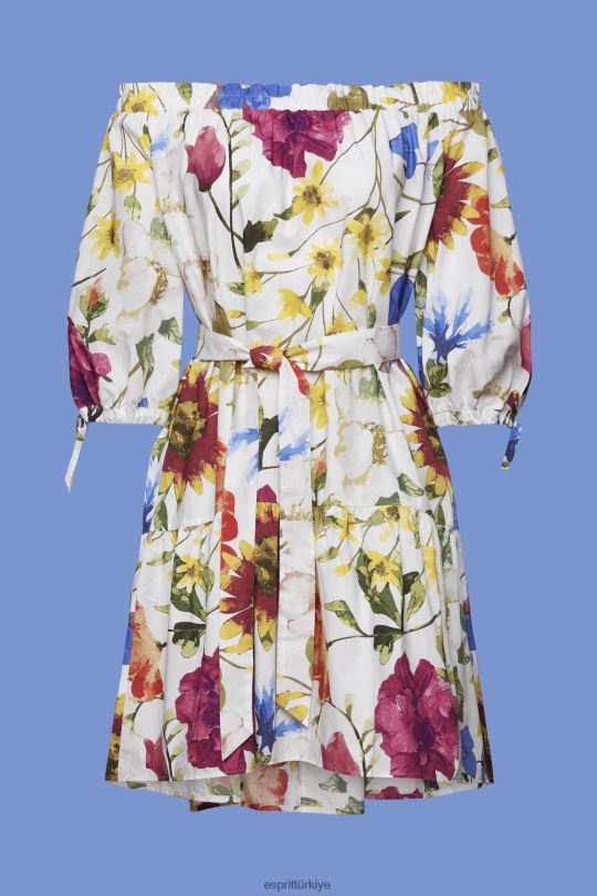 elbiseler Esprit desenli düşük omuzlu poplin mini elbise beyaz kadınlar FPP26178