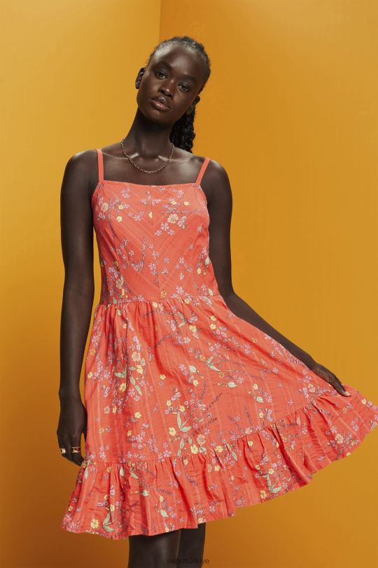 elbiseler Esprit çiçek desenli pamuklu diz boyu elbise mercan portakalı kadınlar FPP26190