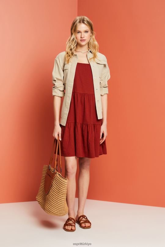elbiseler Esprit işlemeli dantel kollu jarse elbise pişmiş toprak kadınlar FPP2660