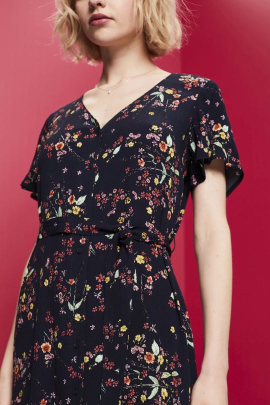 elbiseler Esprit kuşaklı baskılı midi elbise koyu mavi kadınlar FPP26189