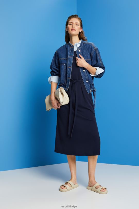 elbiseler Esprit kuşaklı jarse midi elbise Donanma kadınlar FPP2663