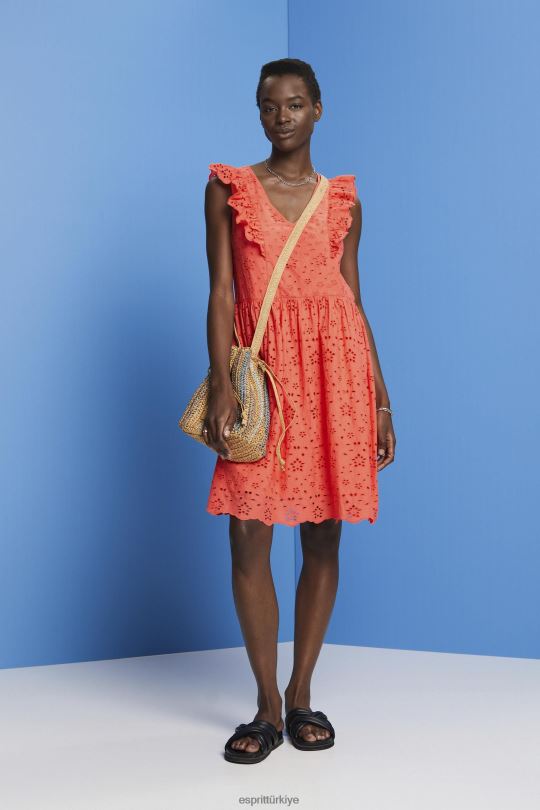 elbiseler Esprit pamuk dantel elbise mercan portakalı kadınlar FPP26192