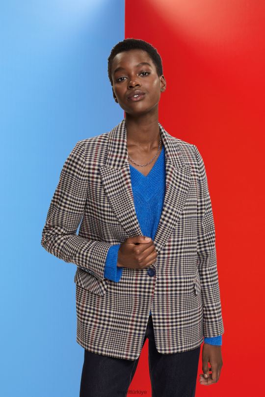 Kabanlar Esprit kareli yün karışımlı blazer krem bej kadınlar FPP26447