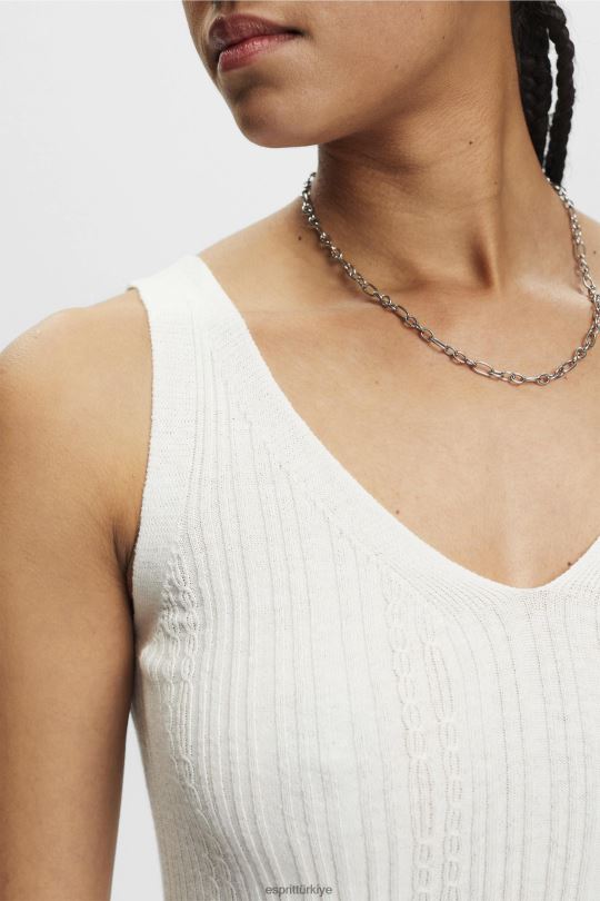 kazak Esprit V yakalı keten keten üst Beyaz kapalı kadınlar FPP26305