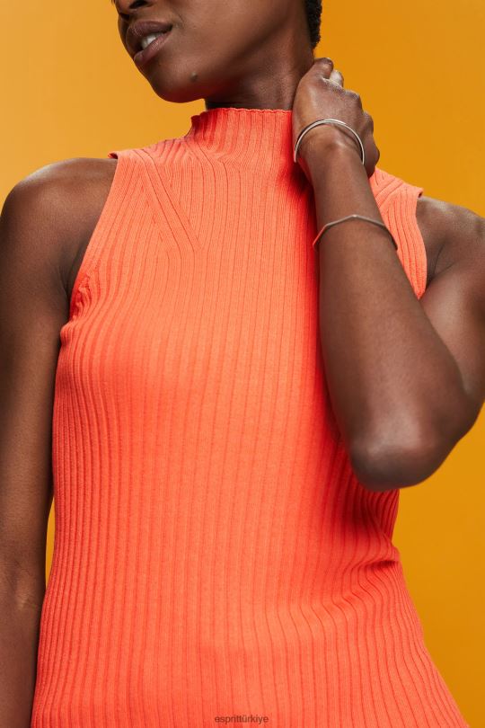 kazak Esprit fitilli, kolsuz kazak, keten karışımlı mercan portakalı kadınlar FPP26110