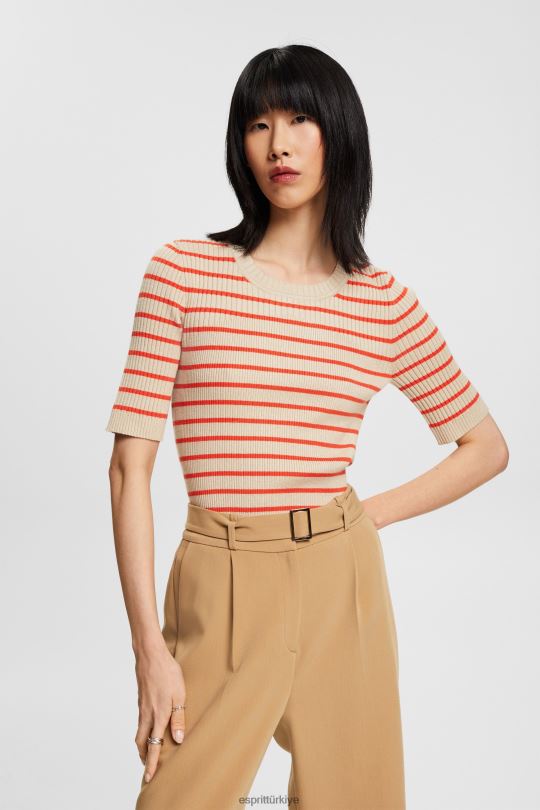 kazak Esprit kısa kollu nervürlü kazak açık taupe kadınlar FPP26317