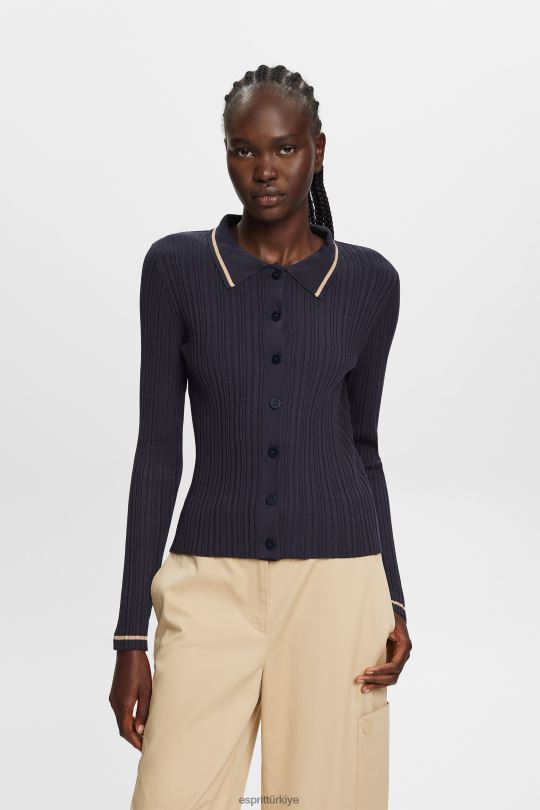 kazak Esprit önden düğmeli örgü polo üst petrol mavisi kadınlar FPP2622