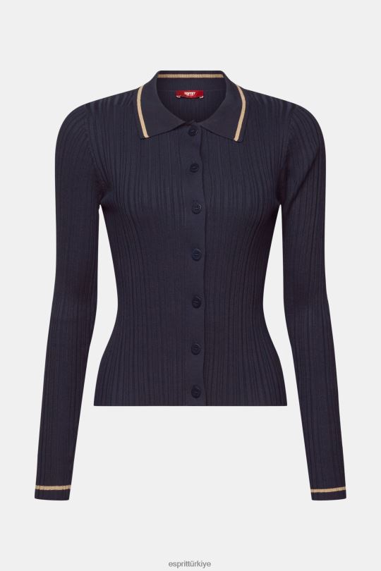 kazak Esprit önden düğmeli örgü polo üst petrol mavisi kadınlar FPP2622