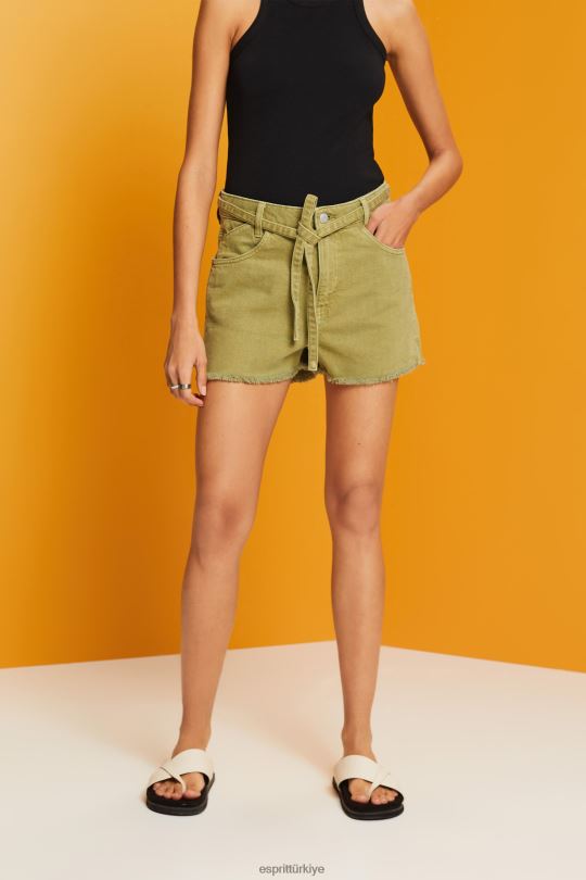 şort Esprit yüksek belli belden bağlamalı denim şort beyaz kadınlar FPP2657