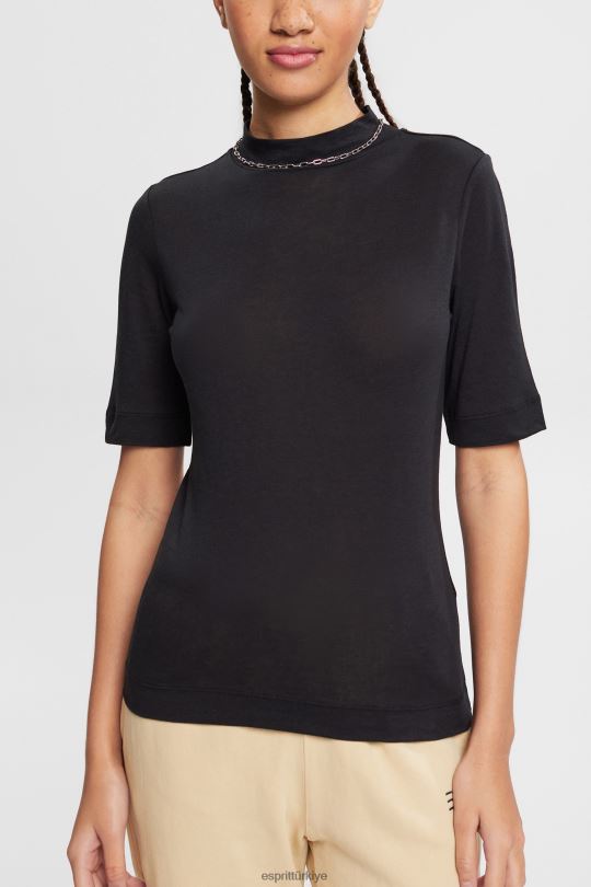 tişörtler Esprit bant yakalı tişört, tencel siyah kadınlar FPP26374