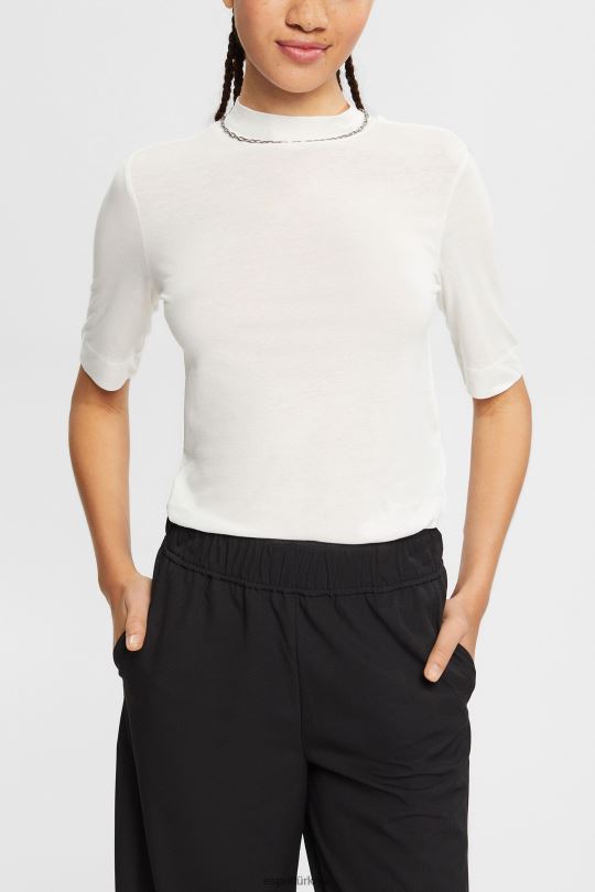 tişörtler Esprit tencel ile: bant yakalı tişört Beyaz kapalı kadınlar FPP26562