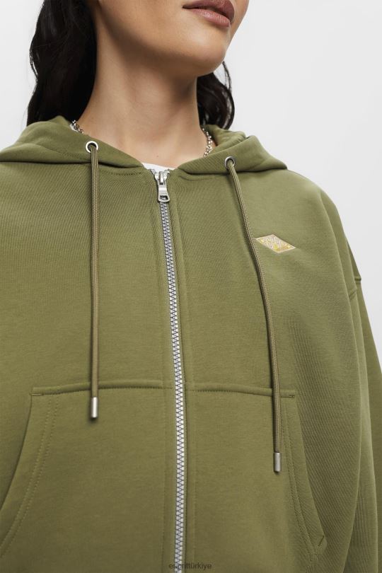 tişörtü ve kapüşonlular Esprit Arkası logo baskılı, kısaltılmış, fermuarlı kapüşonlu üst zeytin kadınlar FPP26164