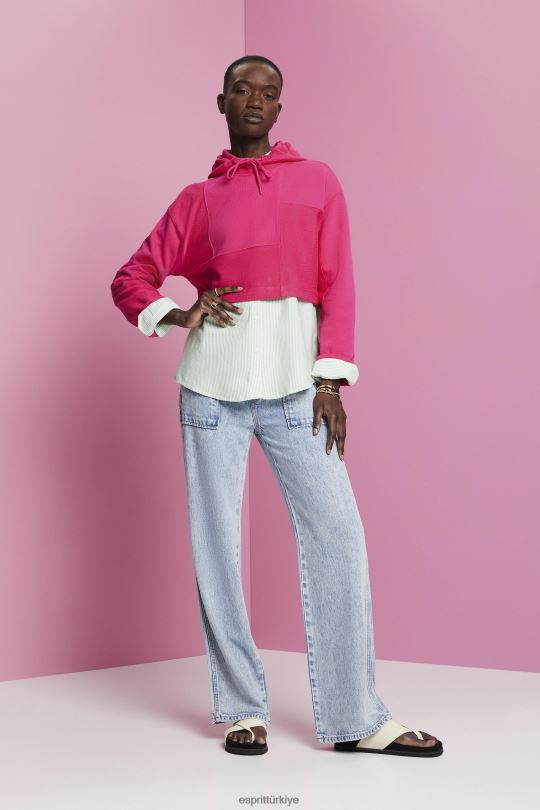 tişörtü ve kapüşonlular Esprit kırpılmış patchwork kapüşonlu üst pembe fuşya kadınlar FPP26290