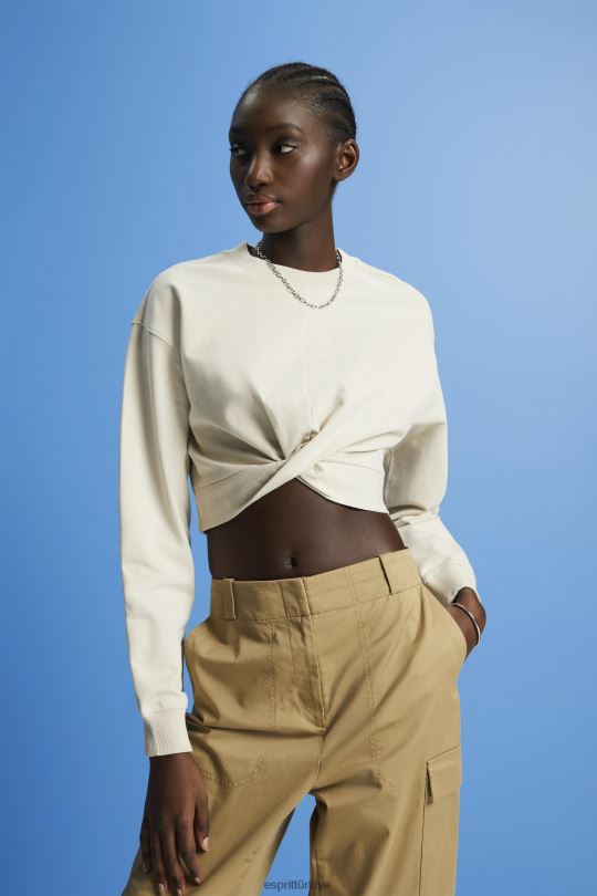 tişörtü ve kapüşonlular Esprit kısa düğüm detaylı sweatshirt açık taupe kadınlar FPP26218