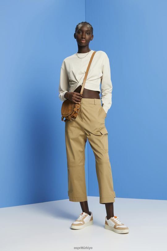 tişörtü ve kapüşonlular Esprit kısa düğüm detaylı sweatshirt açık taupe kadınlar FPP26218